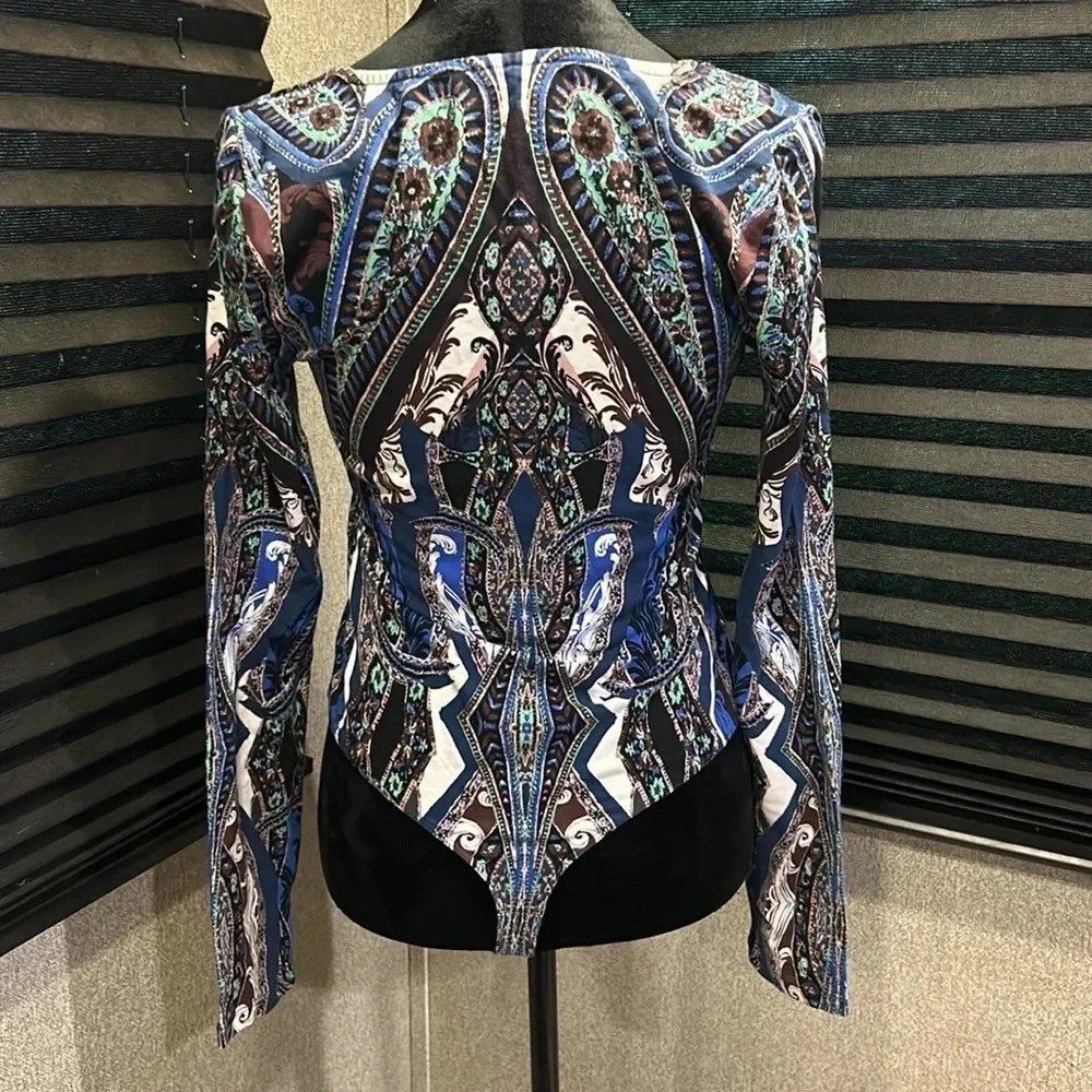 Free People Women’s LS  Lace-Up Scoop Neck Blue Paisley Bodysuit Size Medium NWT
